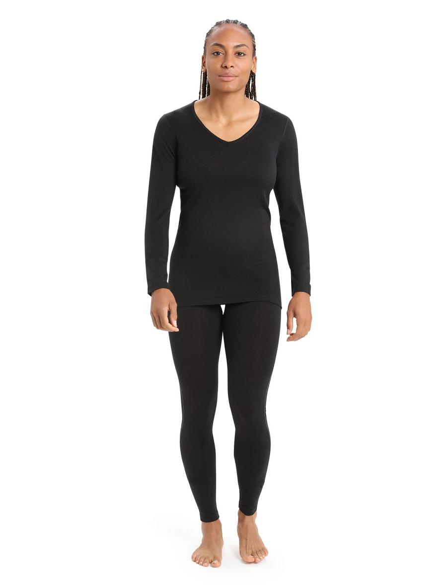 Black Women's Icebreaker Merino 200 Oasis Long Sleeve V Neck Thermal Top Base Layers | USA 1853RVDW